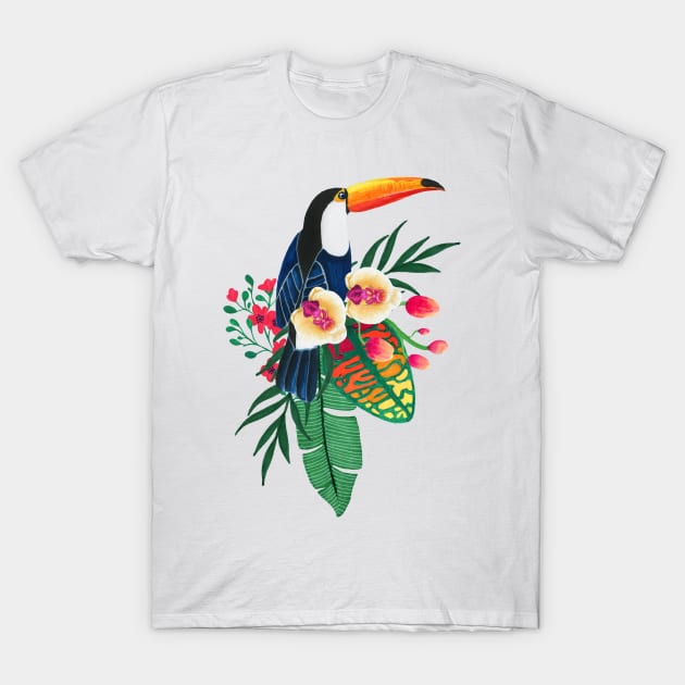 Tropical bird and flowers T-Shirt by JuliaBadeeva